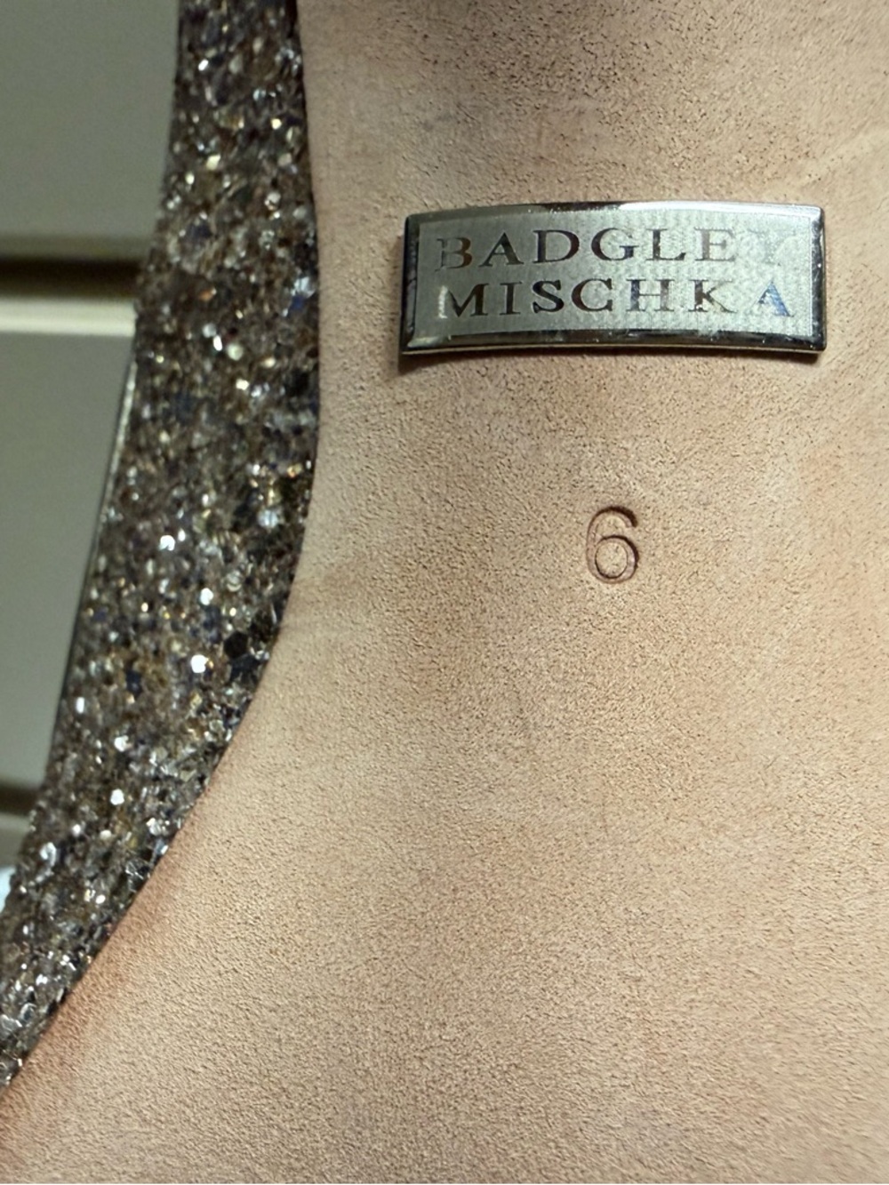 Badgley Mischka Rose Gold Glitter Peep-Toe Pumps with Crystal Accent - Picture 7 of 7
